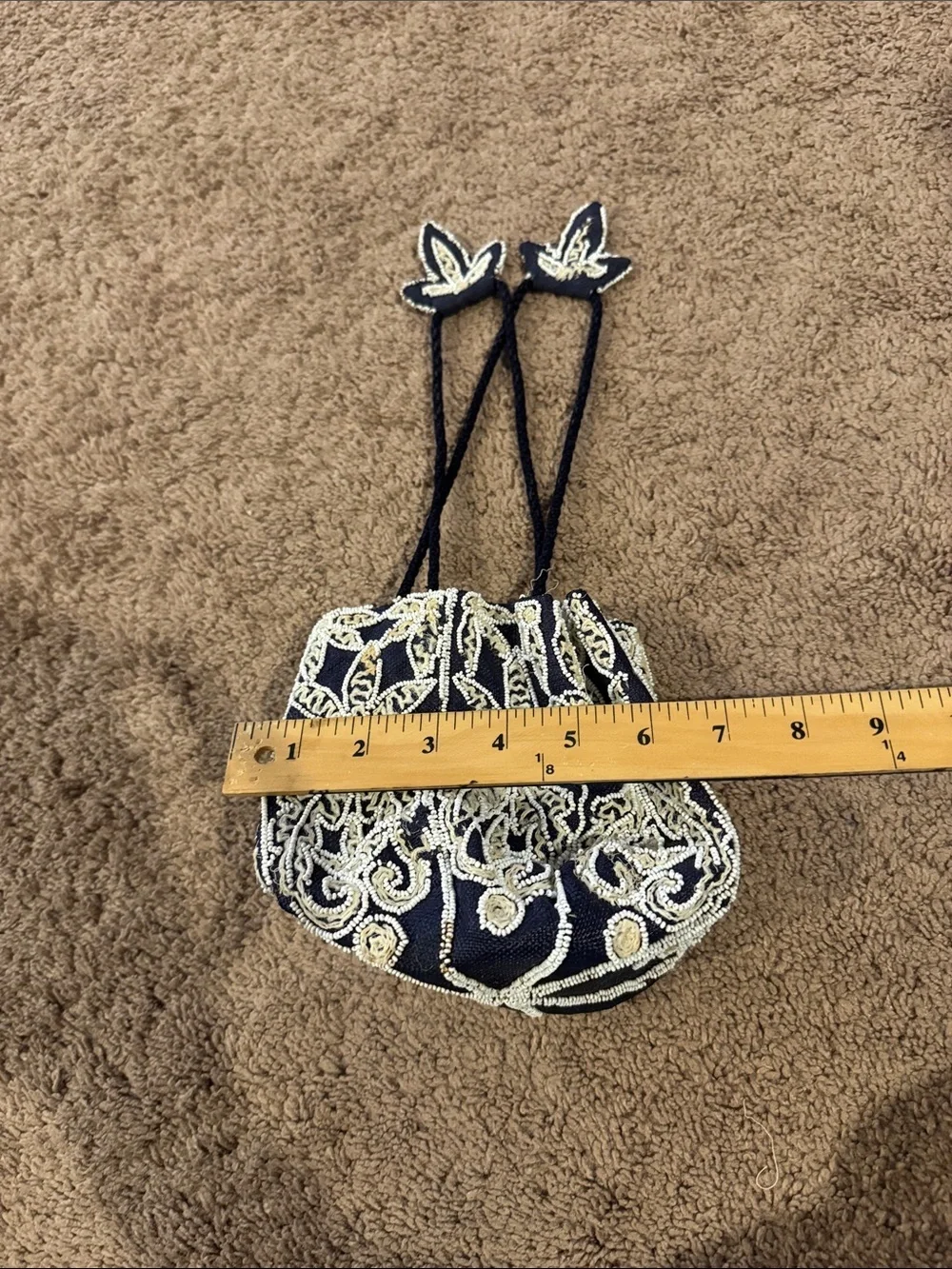 Black Beaded Floral Drawstring Evening Bag cinch top nylon straps ornate vintage